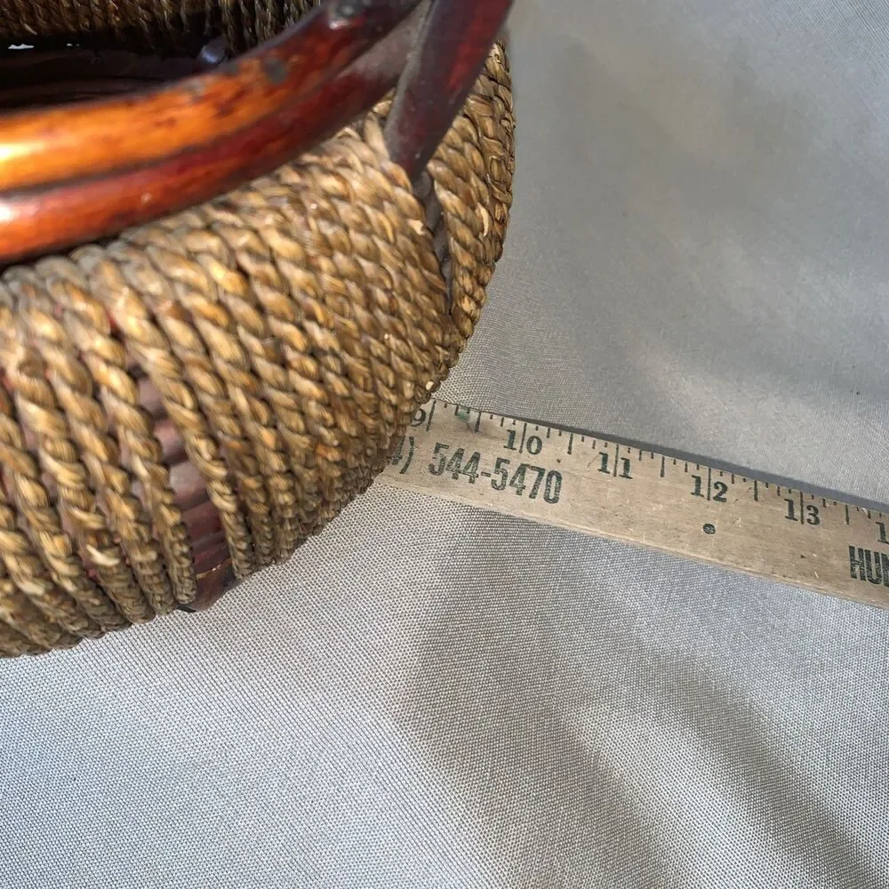 Woven Wicker  & Jute Rope Basket Round w/ Handle 10”D x 12”H Rustic Country Farm